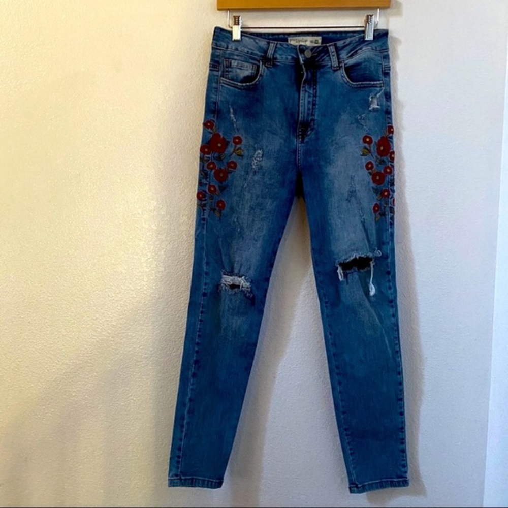 Cute distressed floral design jeans 34|by topitop